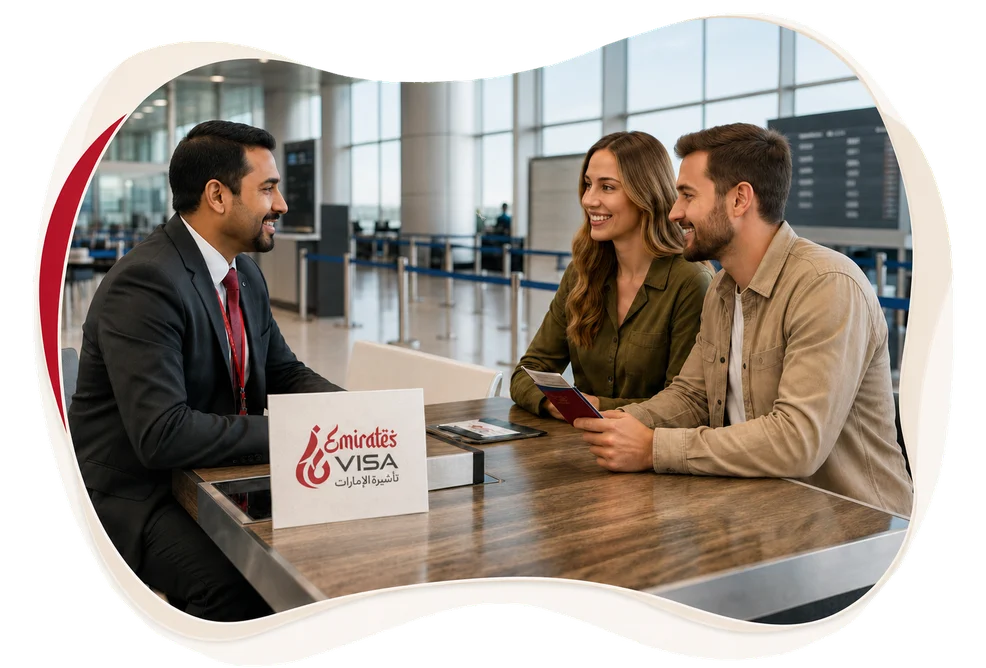 An Emirates Visa Org consultant welcoming a couple at the service desk