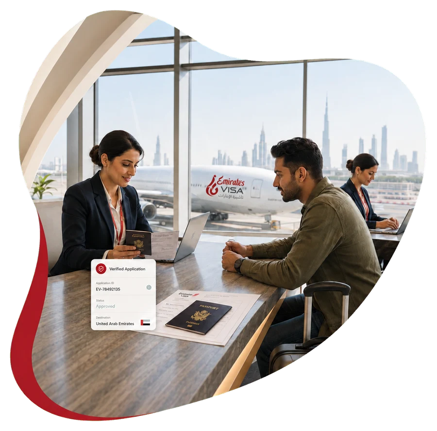 A visa consultant reviewing a traveler's verified Emirates visa application