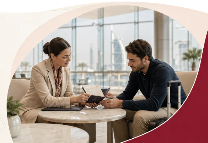 Travelers planning their Emirates trip with a visa consultant