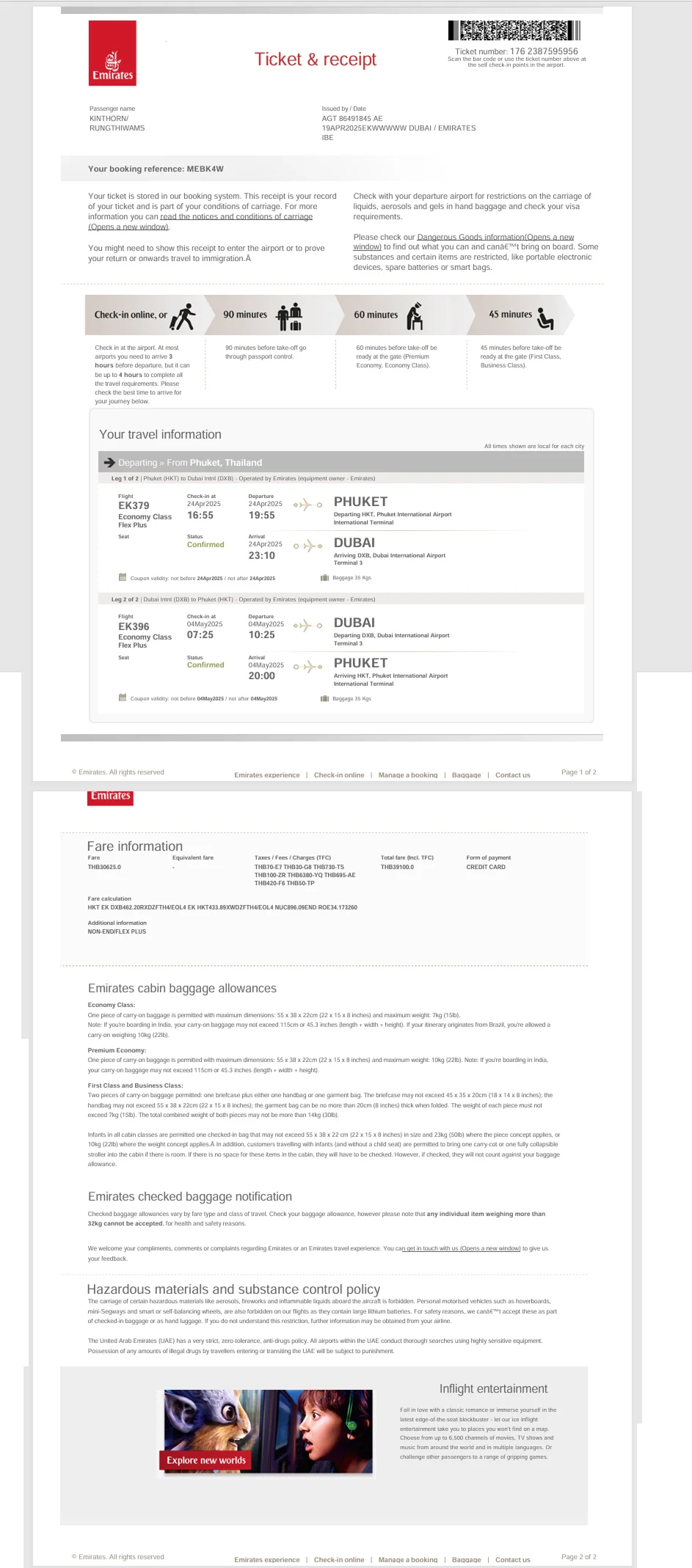 Example of a confirmed flight ticket document