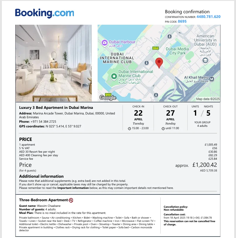 Example of a confirmed hotel booking document