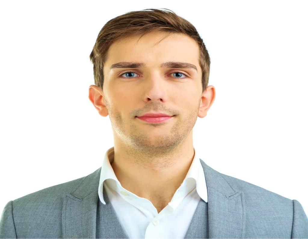 Correct passport photograph example: front-facing, white background