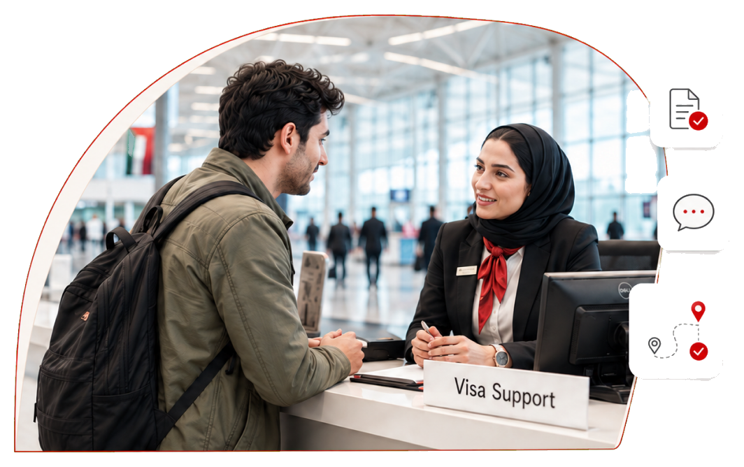 Traveler talking with a visa support agent