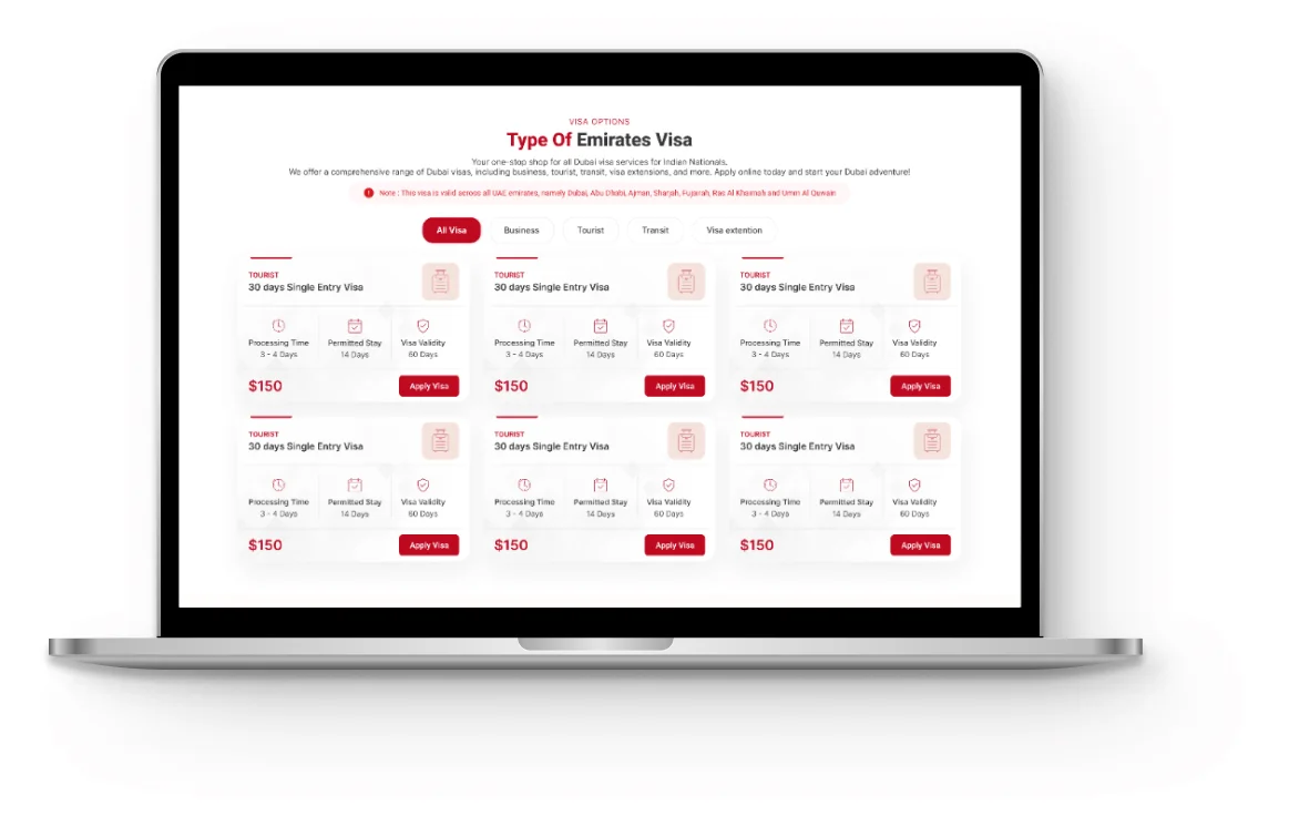 Selecting a visa type from the available Emirates visa options
