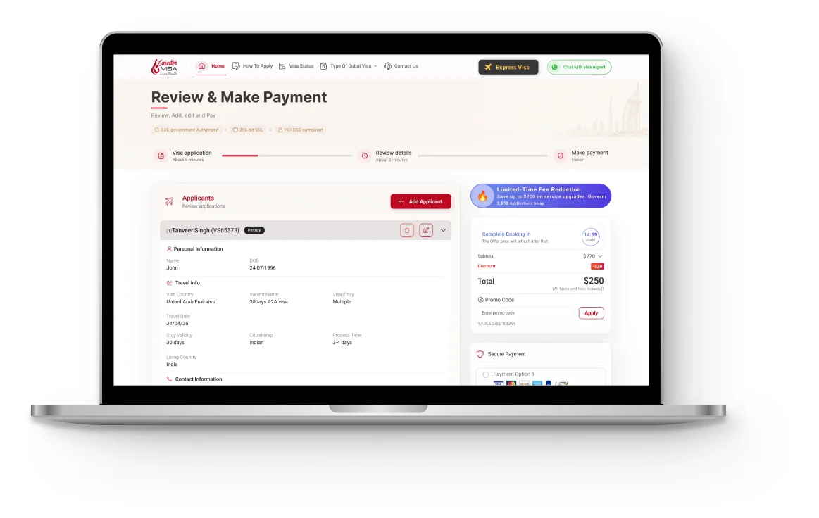 Reviewing the application and paying the visa fee securely